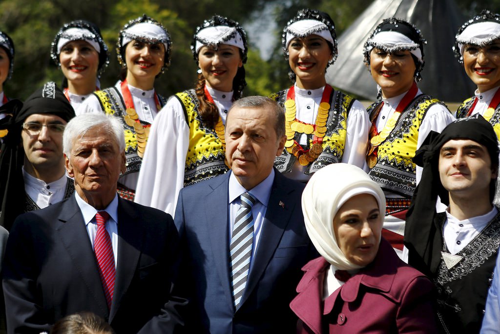 Turkish President Erdogan, his wife Emine, and the mayor of Vitacura, Torrealba attend at the opening of a public square in Santiago